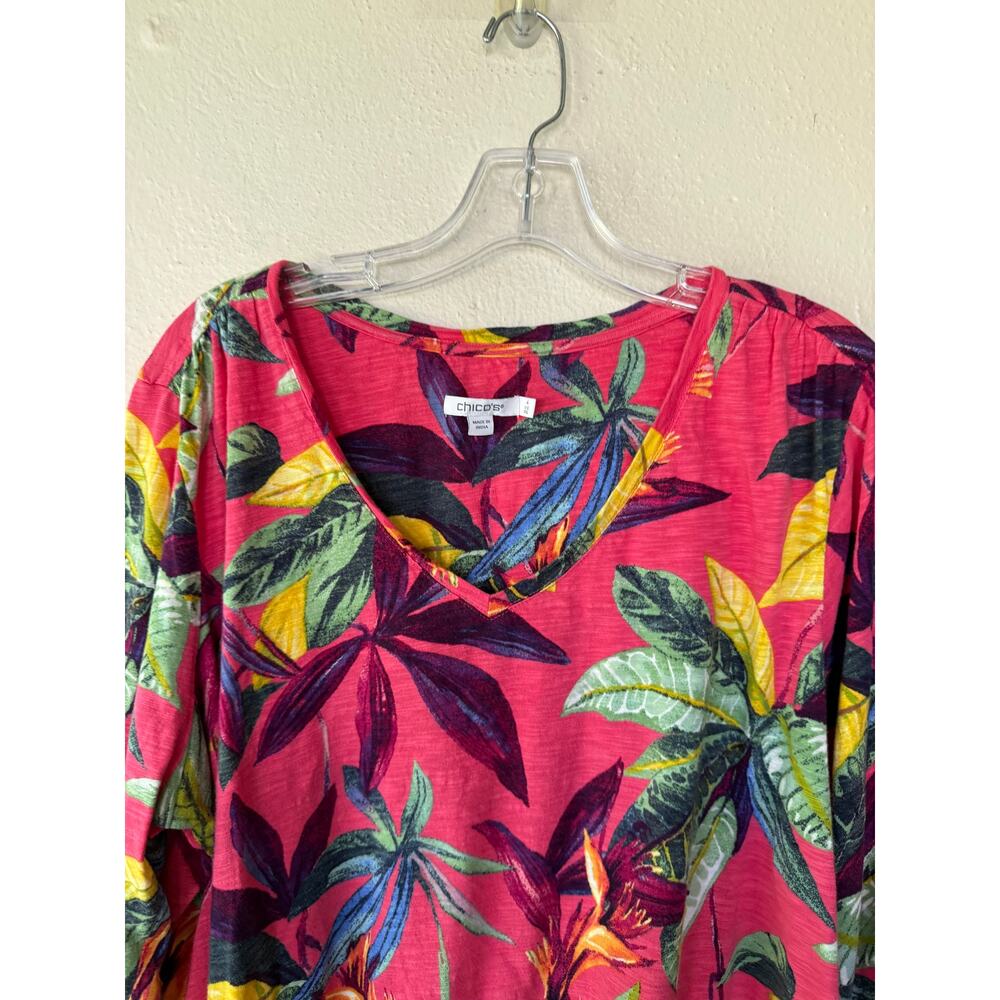 Chico’s 4 Size XXL Tropical Floral V Neck 3/4 Sleeve Top Pink Modal Cotton - Picture 5 of 11